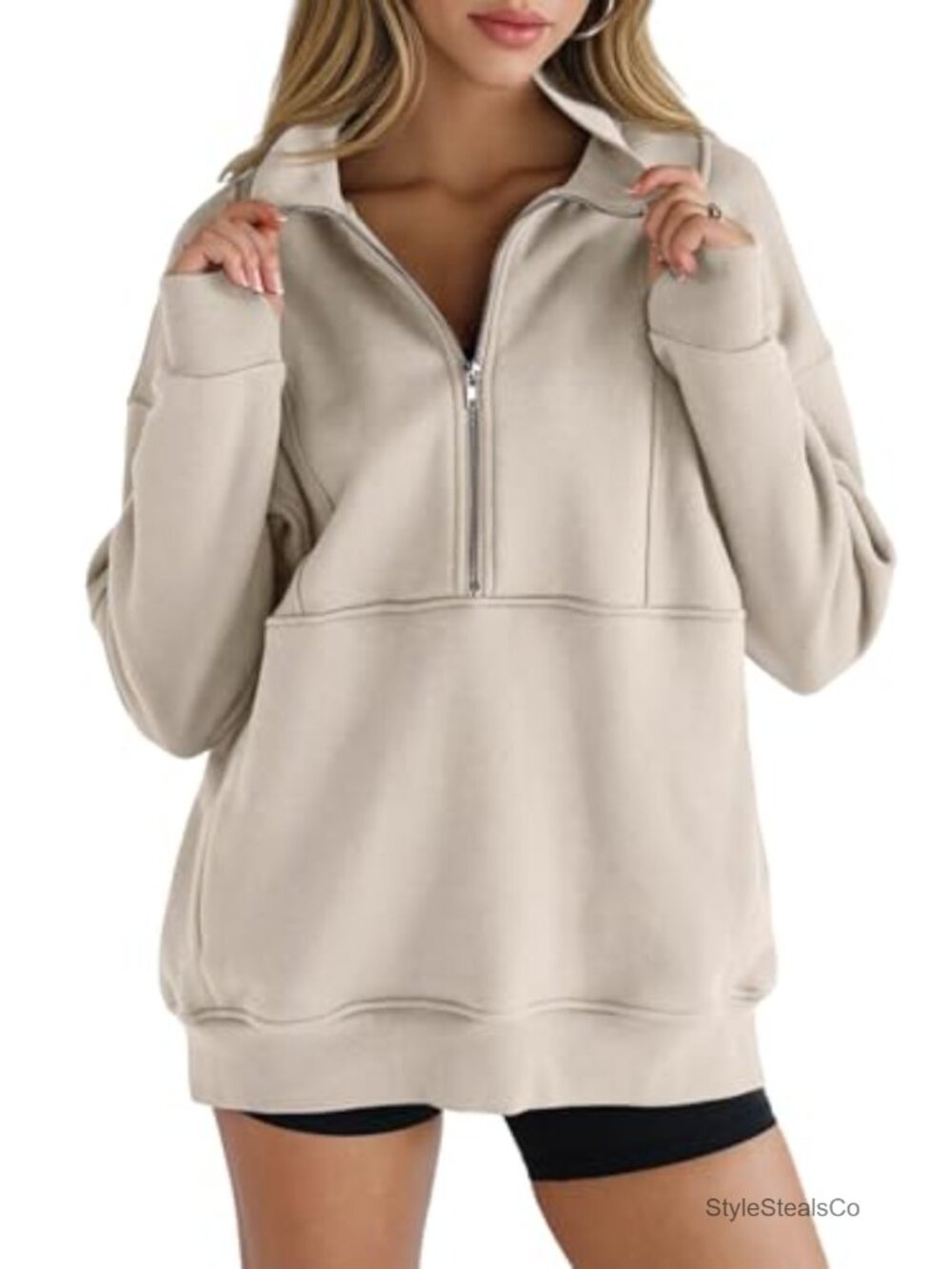 Women's Oversized Half Zip Fleece Pullover with Thumb Holes & Pockets